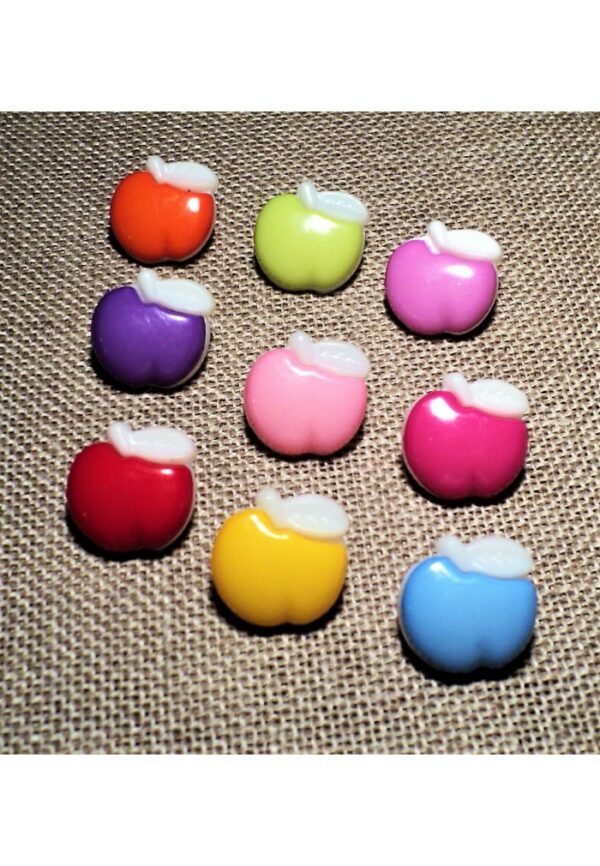 Bouton enfant pomme 15mm, rouge, jaune, rose, fuchsia, orange, violet, vert anis, rose bonbon, bleu clair