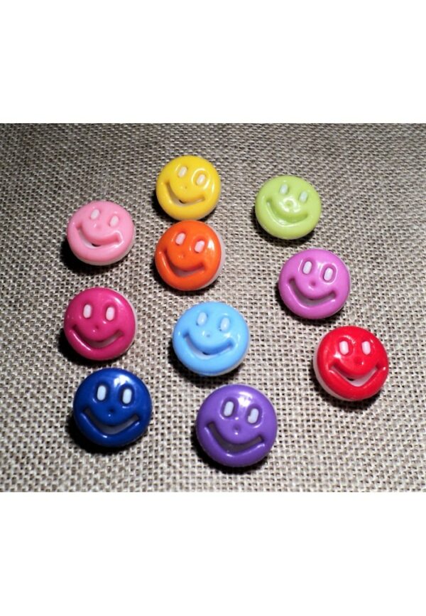 Bouton enfant smiley 14mm, rouge, orange, vert anis, jaune, rose pâle, bleu ciel, rose bonbon, violet, fuchsia, bleu clair