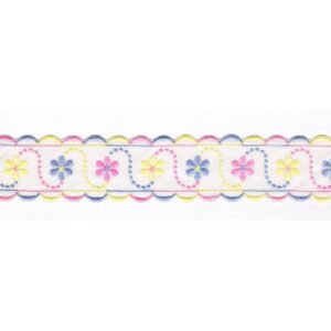 Broderie Anglaise blanc 40mm entre-deux avec fleurs rose, bleu et jaune