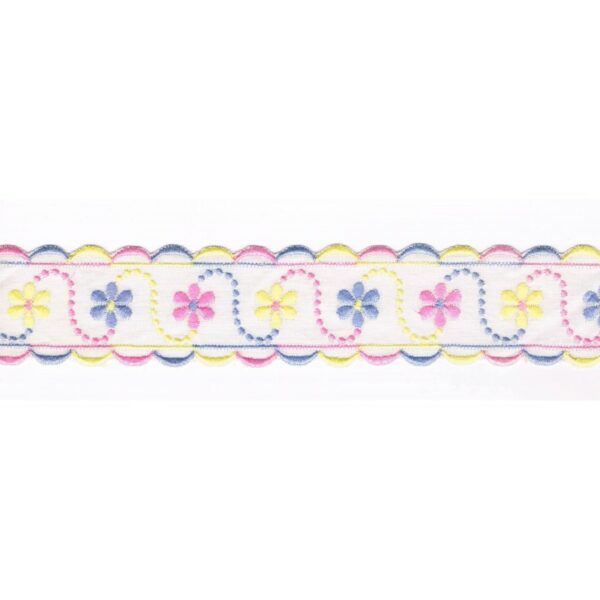 Broderie Anglaise blanc 40mm entre-deux avec fleurs rose, bleu et jaune