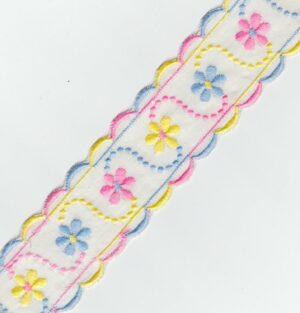 Ruban dentelle Broderie Anglaise blanc 40mm entre-deux avec fleurs rose, bleu et jaune