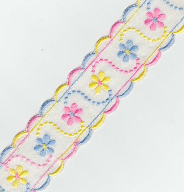 Ruban dentelle Broderie Anglaise blanc 40mm entre-deux avec fleurs rose, bleu et jaune