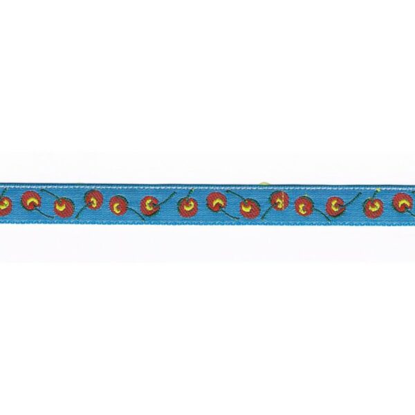 Ruban tissé fantaisie 10mm turquoise avec des cerises en rouge