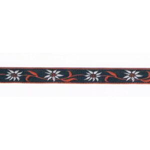 Ruban tissé fantaisie 10mm noir edelweis avec rouge et blanc