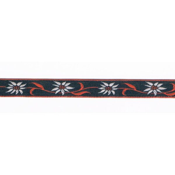 Ruban tissé fantaisie 10mm noir edelweis avec rouge et blanc