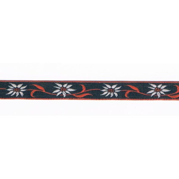 Ruban tissé fantaisie 10mm noir edelweis avec rouge et blanc