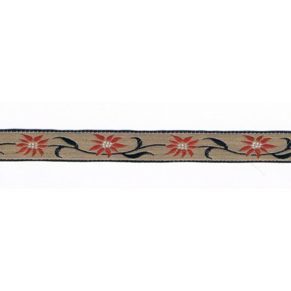Ruban tissé fantaisie 10mm beige edelweis avec noir et rouge