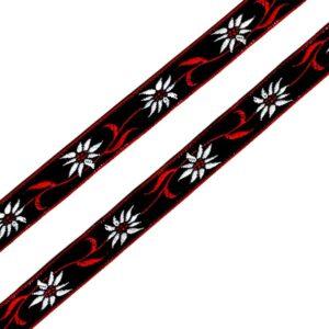 Ruban tissé fantaisie 10mm noir edelweis avec rouge et blanc