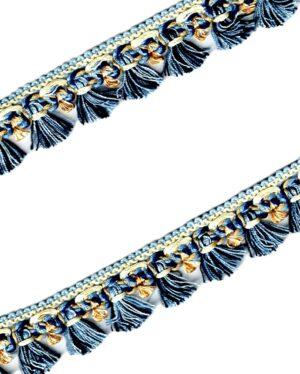 Galon Frange bleu antique 30mm avec ocre et écru