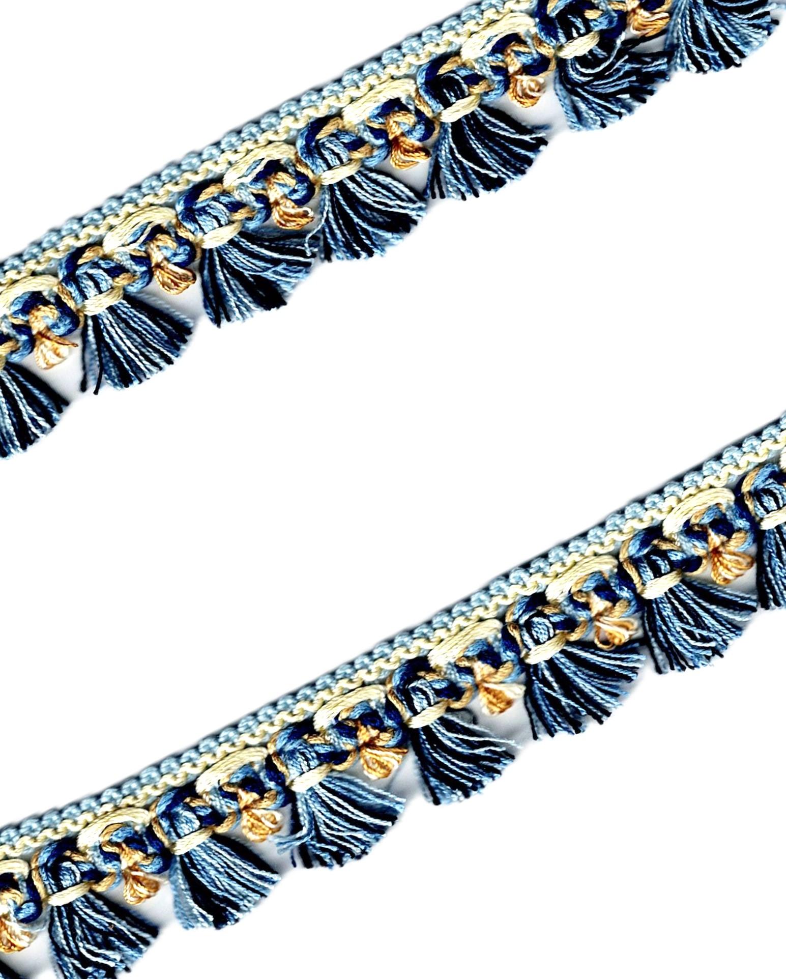 Galon Frange bleu antique 30mm avec ocre et écru