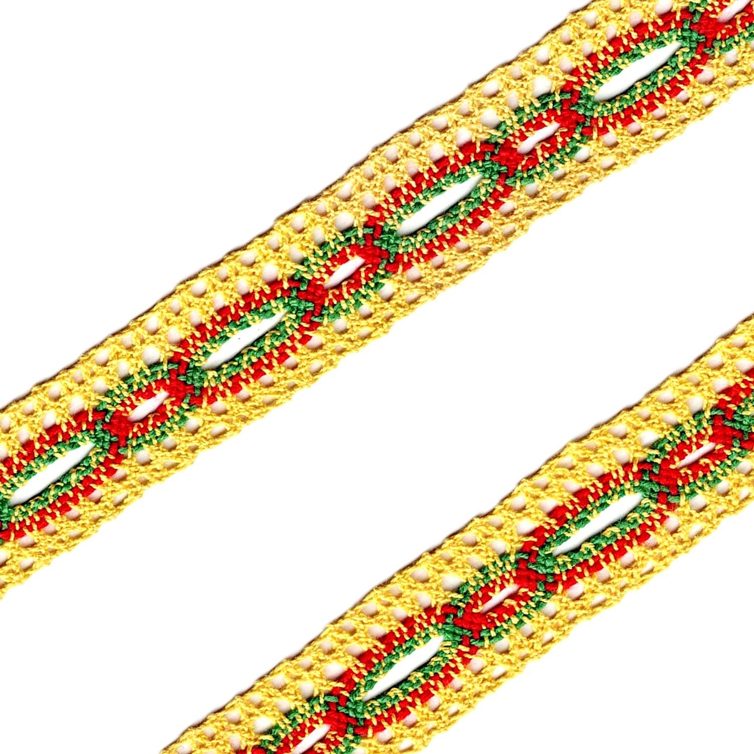 Ruban Dentelle crochet multicolore entre-deux 25mm jaune, rouge et vert