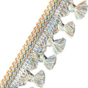 Galon Frange gland 60mm bleu antique avec ocre et écru