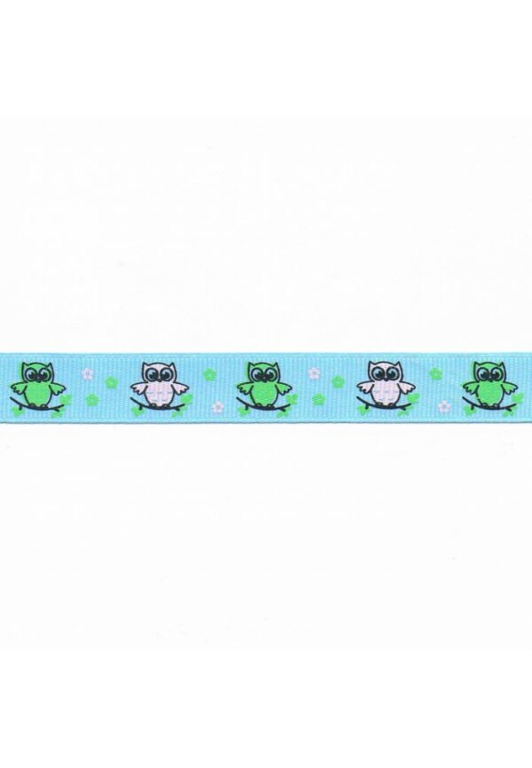 Ruban satiné fantaisie 15mm bleu Les chouettes en rose et vert