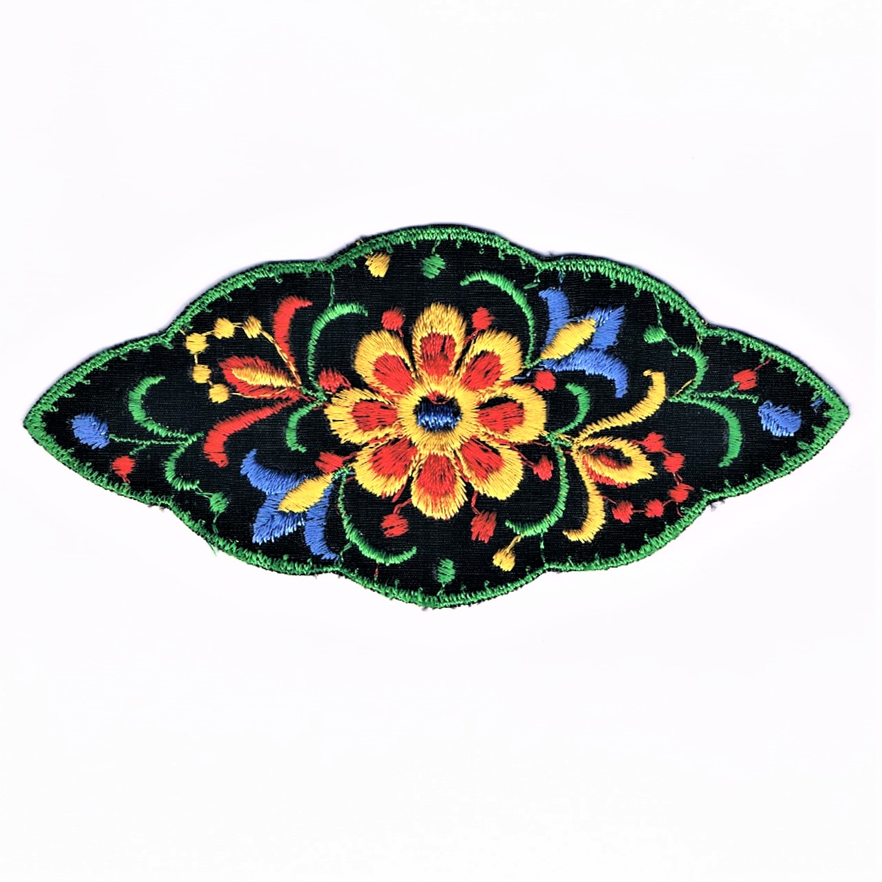 écusson brodé noir avec des fleurs multicolores dans le style les Alpes et  le Tyrol, 15.0 x 7.0 cm à coudre