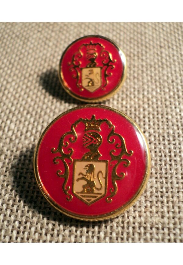 Bouton métal doré rouge 15/20mm avec blason lion, chevalier et couronne