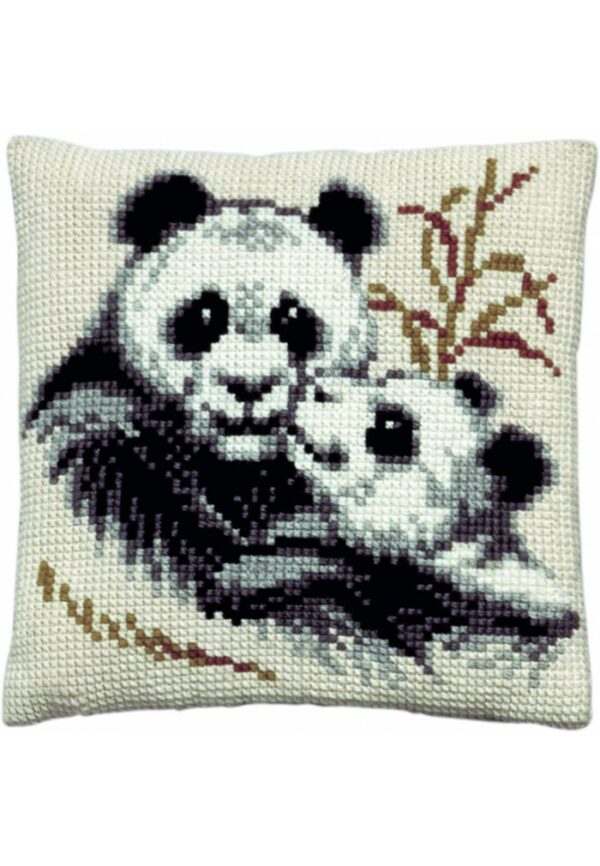 Coussin point de croix 40x40cm, kit complet soudan "Les Pandas"