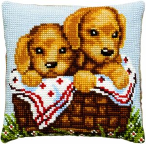 Coussin point de croix 40x40cm, kit complet soudan "Les deux Chiots"