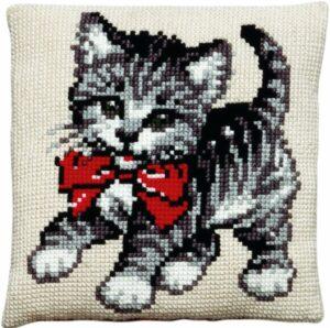 Coussin point de croix 40x40cm, kit complet soudan le chat blanc, gris, noir avec un nœud rouge, coussin imprimé