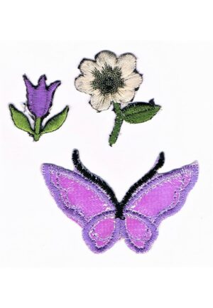 Ecusson Thermocollant mauve le papillon et les fleurs 3 pièces