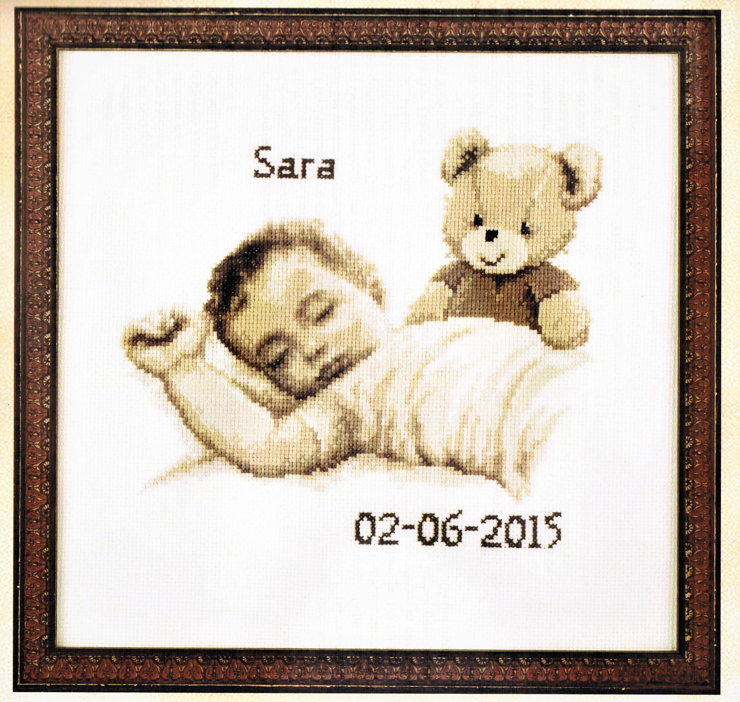 Ours nounours sépia avec bébé, 32x32cm, Tableau de naissance, Kit au point croix, Aïda, au point compté