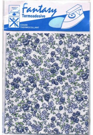 Pièce percale thermocollant blanc avec des fleurs bleu, fantaisies thermocollant style liberty