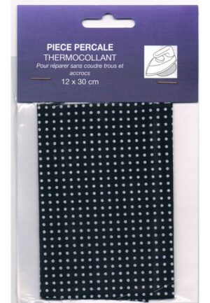 Pièce percale thermocollant noir avec pois blancs, fantaisies thermocollant