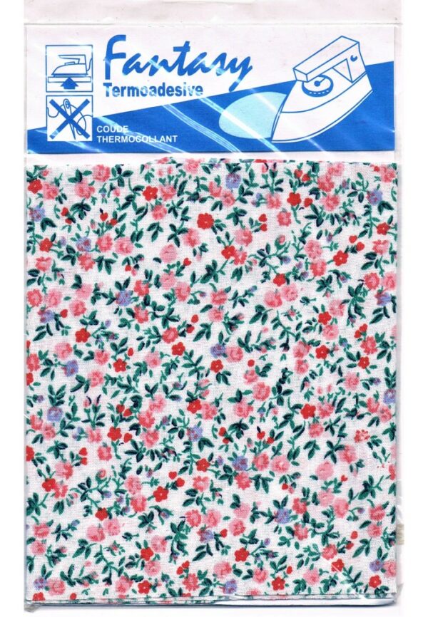 Pièce percale thermocollant blanc avec des fleurs rouge, rose et vert, fantaisies thermocollant style liberty