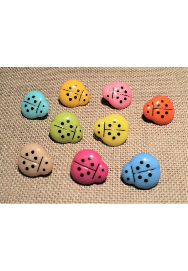 Bouton enfants coccinelle 13mm, bleu, jaune citron, fuchsia, orange, turquoise, rose, vert anis, jaune tournesol, beige