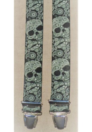 Bretelles hommes fantaisie Grande Taille, 120 cm, à pinces clips XL- XXL, noir avec tête de mort vert kaki en motif cachmire