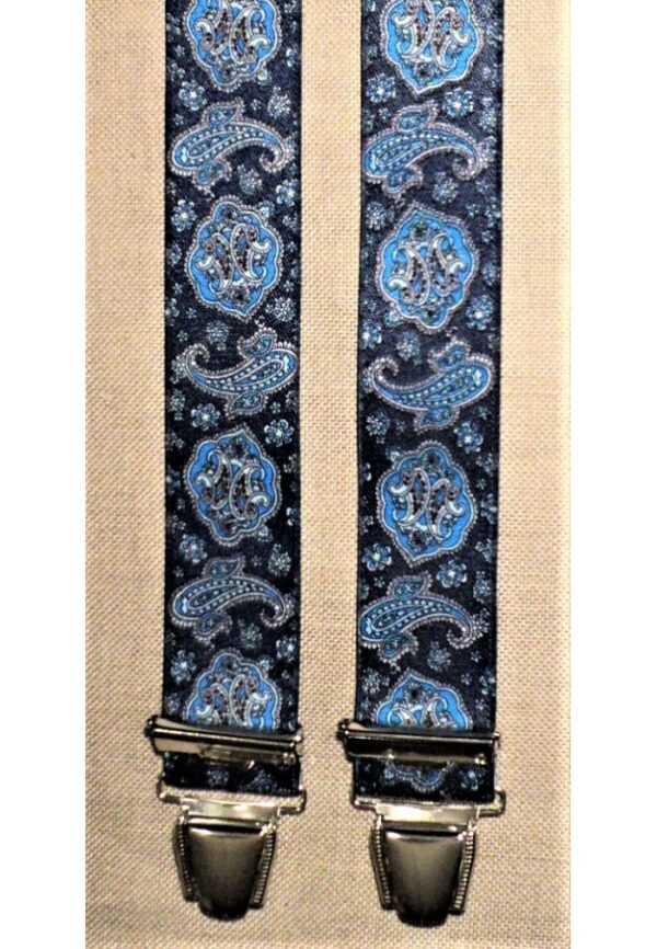 Bretelles hommes fantaisie Grande Taille, 120 cm, à pinces clips XL- XXL, marine avec cachemire motif en ocre et turquoise