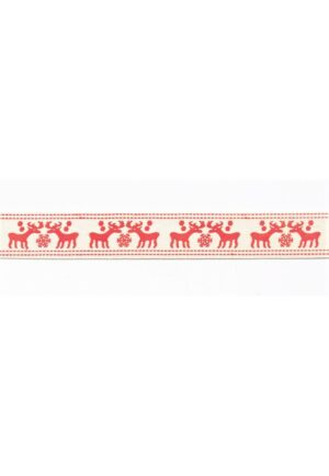 Ruban galon 15mm le renne, le cerf, ecru, rouge, décoratif Noël