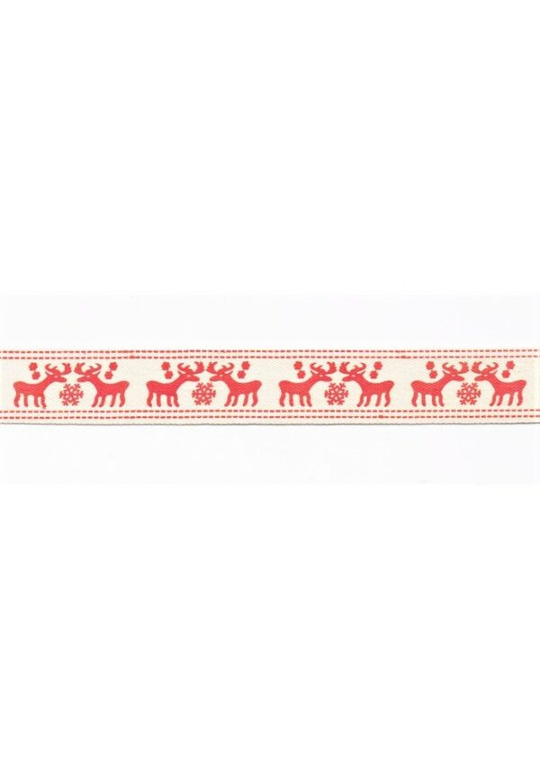 Ruban galon 15mm le renne, le cerf, ecru, rouge, décoratif Noël