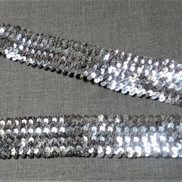 Ruban Sequins 40mm stretch, argenté paillettes galon élastique