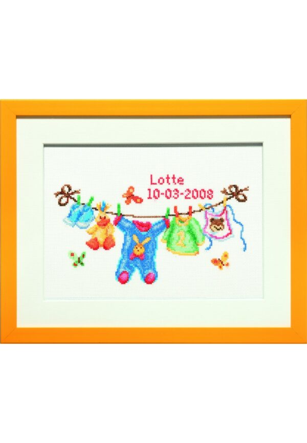 Tableau de naissance 39x31cm, Le linge de Lotte, Kit au point croix, Aïda, au point compté