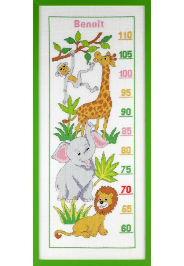 Toise les animaux 30x67cm à broder, Aïda, kit au point croix, au points compté, lion, éléphant, girafe, singe