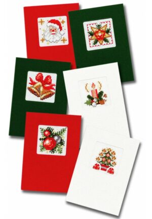 Cartes de noël (6 pcs) blanc, vert, rouge à broder au point croix à compté, kit cartes de voeux Aida
