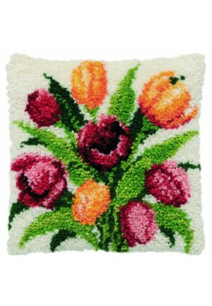 Coussin en point noué 40x40cm, kit complet soudan "les tulipes" les fleurs