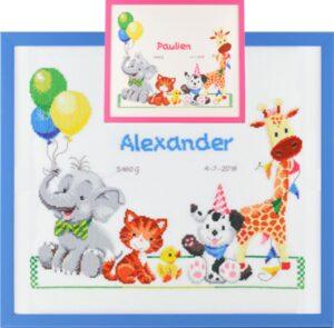 Tableau-de-naissance-42x37cm-Les-animaux-de-Paulien-Kit-au-point-croix-Aida-au-point-compte-chat-panda-elephant-et-girafe