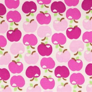 Tissu pommes écru 7,90€ le mètre, vendu au mètre avec des pommes en rose clair, fuchsia et violet