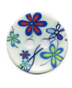 Bouton décoratif 45mm blanc avec fleurs bleu, 2 trous