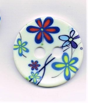 Bouton décoratif 45mm blanc avec fleurs bleu, 2 trous