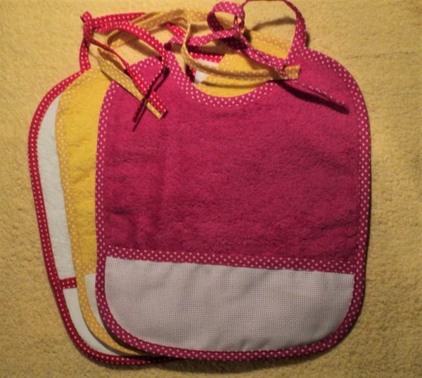 Set de bavoirs (3) à broder, coton éponge, bavoir fuchsia, bavoir jaune, bavoir blanc, set bavoirs uni