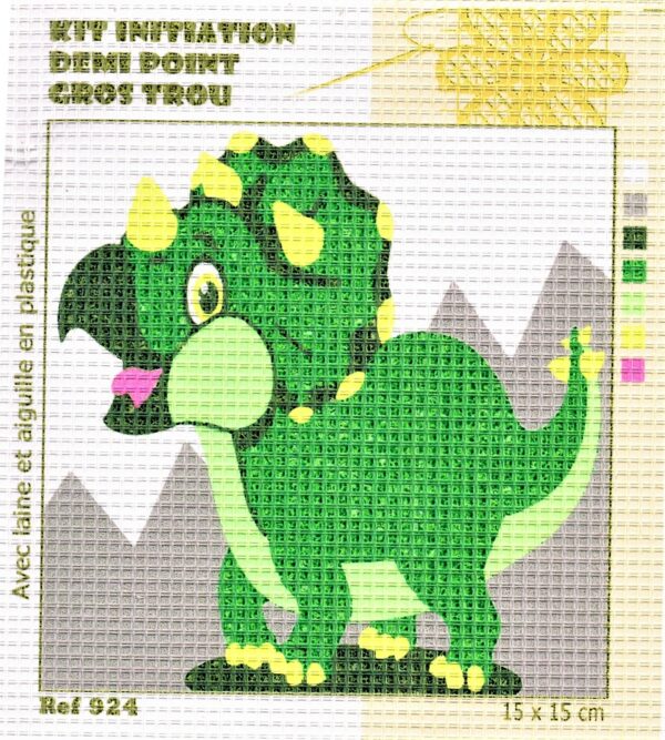 Kit Canevas ENFANT 15x15cm Le dinosaure gros trou débutant, demi point croix