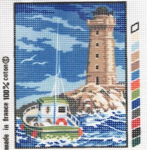 Kit Canevas Le phare avec bateau de pêche 20x25cm demi point croix