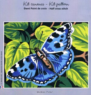 Le papillon bleu 18x14cm, Kit Canevas demi point croix de Margot 766-602411