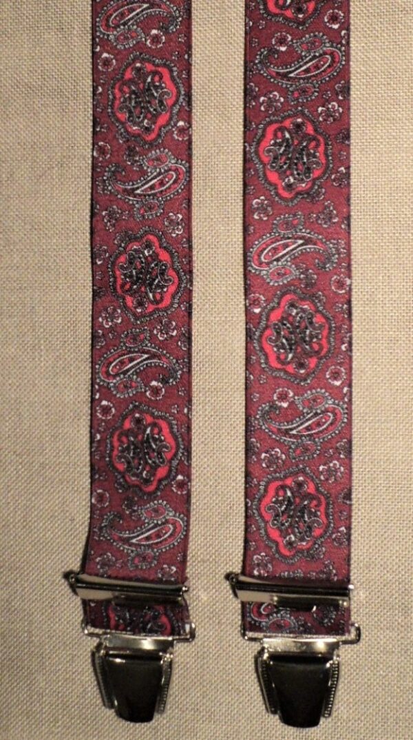 Bretelles hommes fantaisie Grande Taille, 120 cm, à pinces clips XL- XXL, bordeaux avec cachemire motif en rouge, blanc et noir