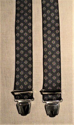 Bretelles hommes fantaisie Grande Taille, 120 cm, à pinces clips XL- XXL, noir avec un motif médaillon ocre, bleu et rouge