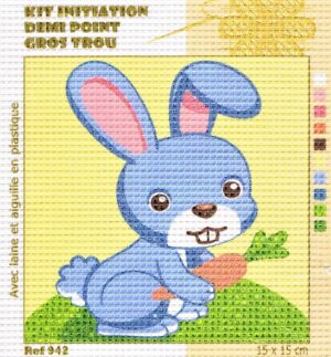 Kit Canevas ENFANT 15x15cm Le lapin gros trou débutant, demi point croix