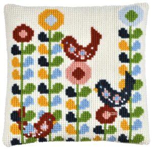 Coussin point de croix 40x40cm, kit complet soudan avec des oiseaux