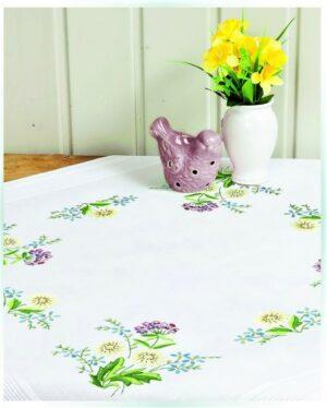 Surnappe blanc 80x80 cm, kit complet, broderie au point de tige, les fleurs en touffes nappe pré-imprimé